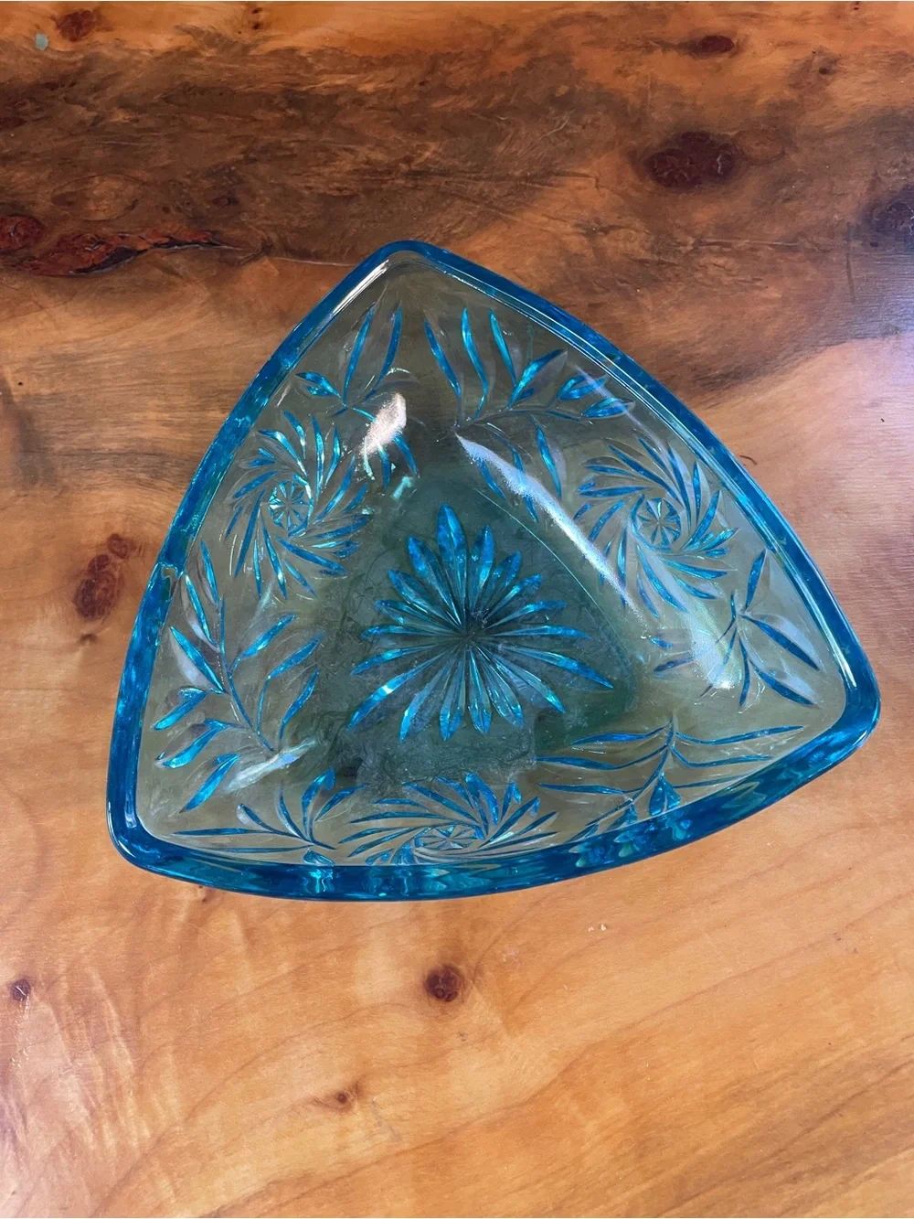 MCM Vintage HAZEL ATLAS Capri Blue Glass Pinwheel Triangle Lidded Candy Dish